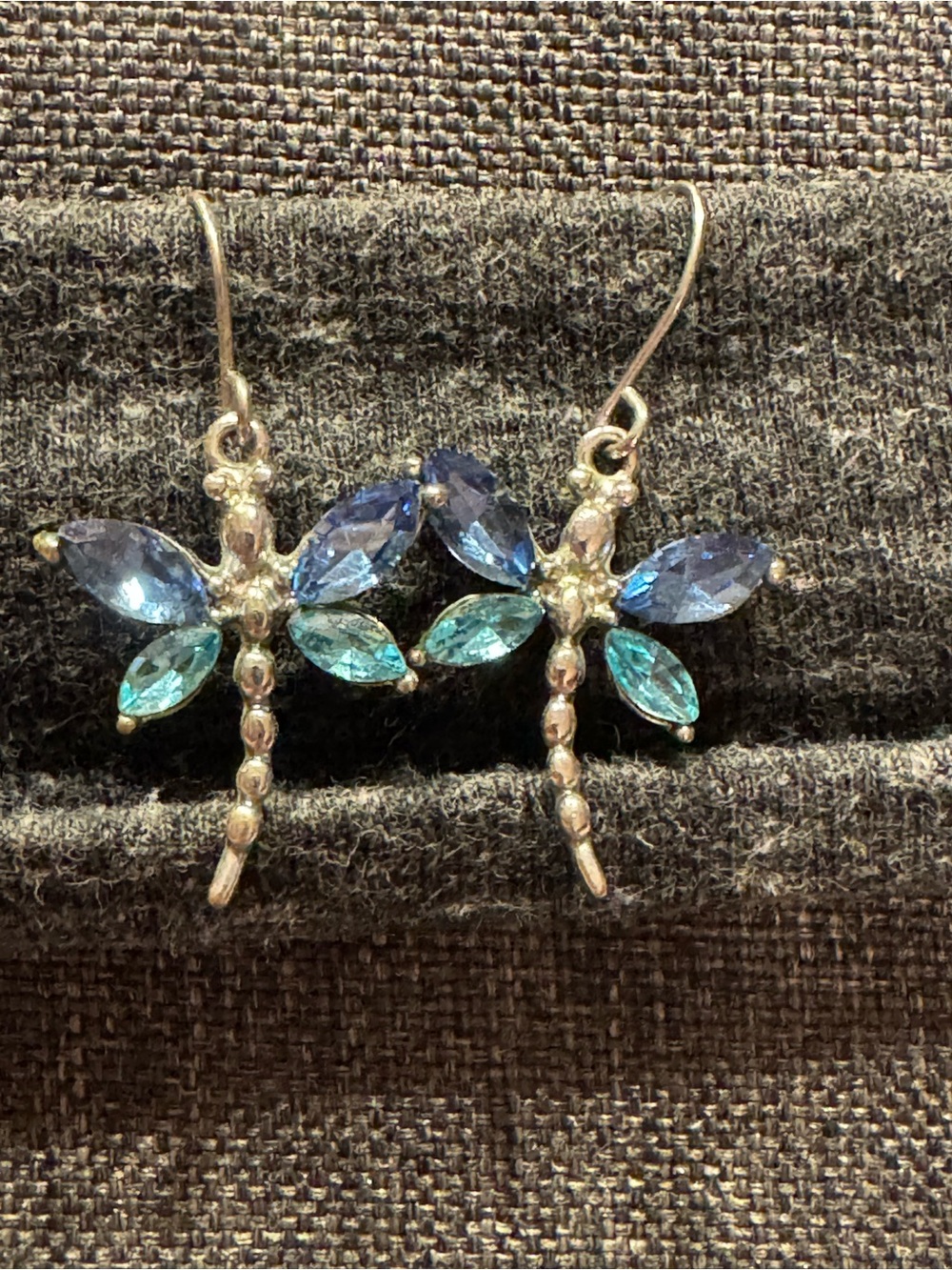 Silver Tone Dragonfly Drop Earrings with Blue & Teal Crystals